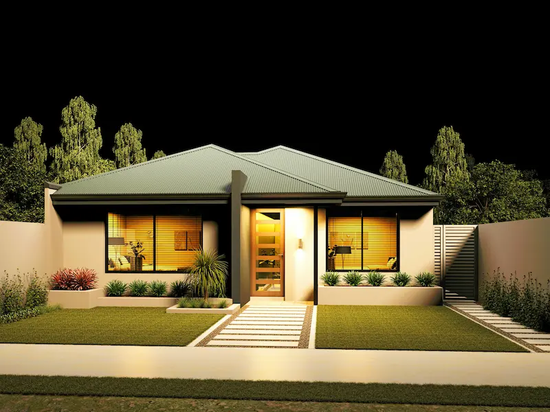 garden modular home night view Garden modular home at end of garden at night